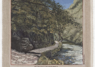 Egg tempera painting of the Dovedale Board walk by Sue Prince