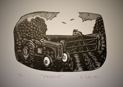 lino print of a ferguson tractor.